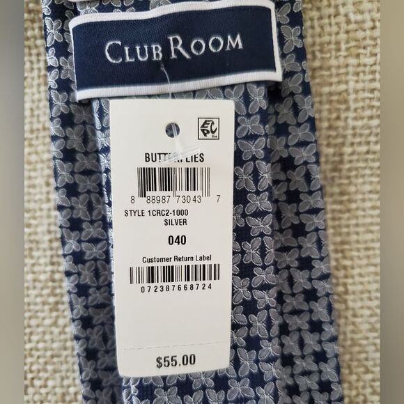 Club Room Classic All-Over Butterfly Neck Tie Navy & Silver 3.25" - Picture 7 of 7